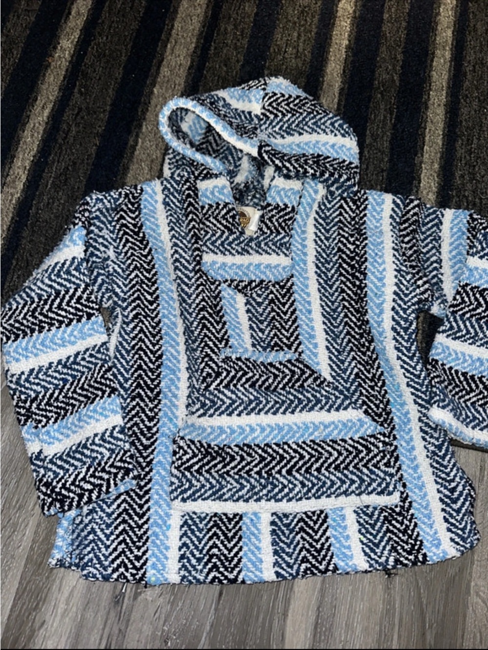 Kids Hooded Baja Jacket - Light Blue, Black & White Stripes